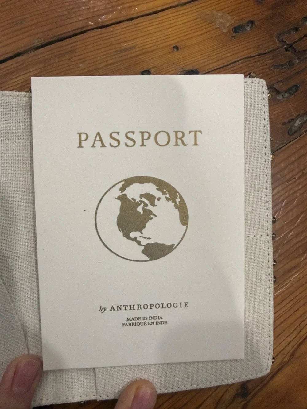 Anthropologie Cream Canvas Passport Sleeve with Gold Beaded Accent
